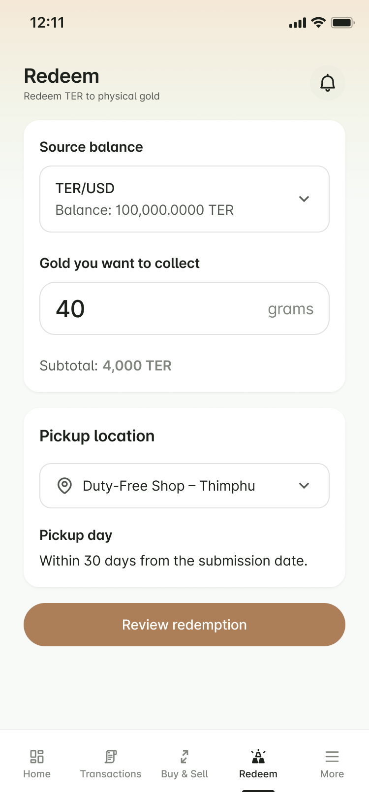 TER gold redemption screen